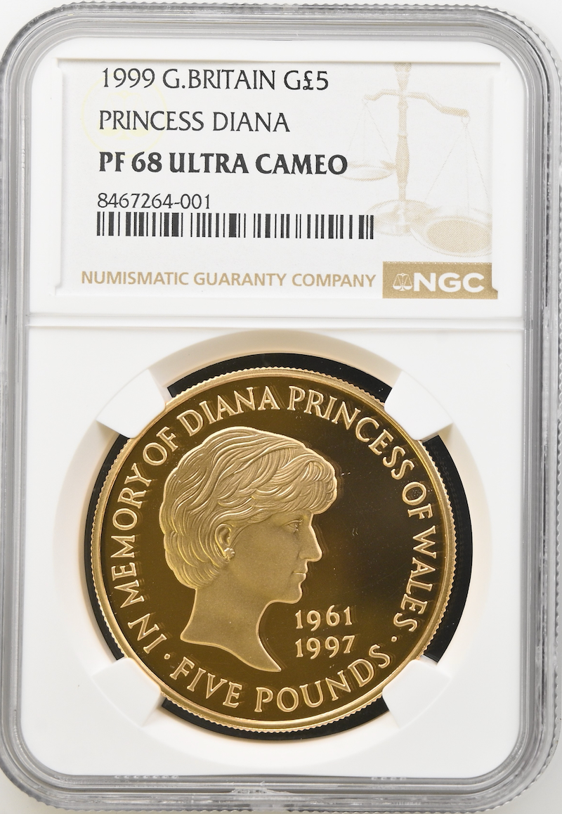 イギリス1999年ダイアナ5ポンド金貨NGC PF 68UCAMの画像