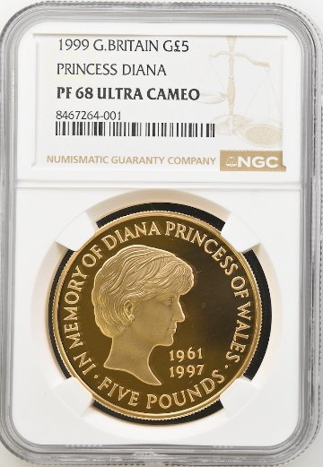 イギリス1999年ダイアナ5ポンド金貨NGC PF 68UCAMの画像