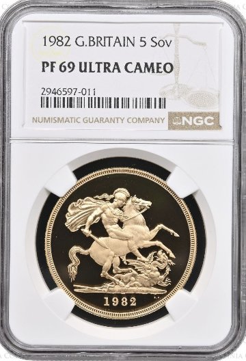 イギリス1982年エリザベス5ポンド金貨NGC PF 69UCAMの画像