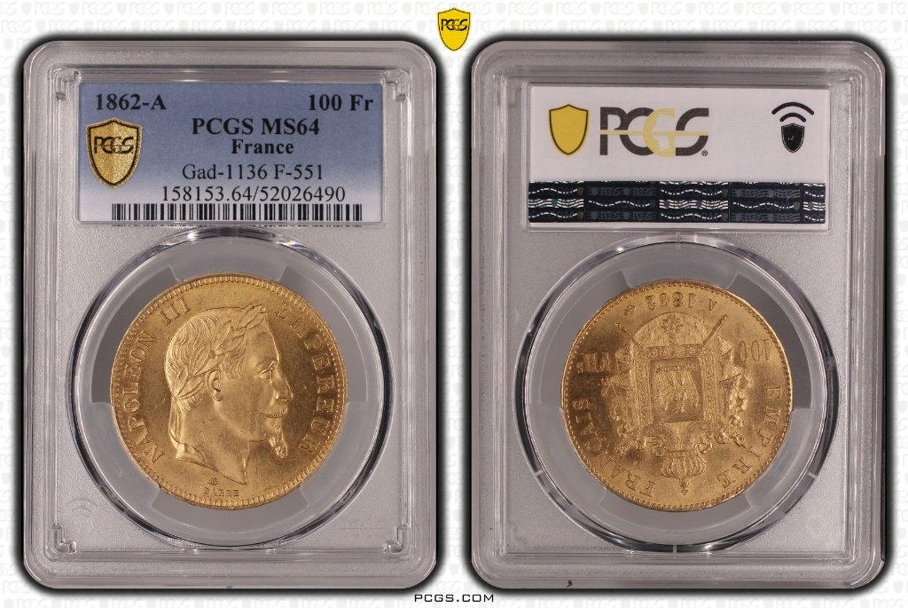 フランス1862年ナポレオン3世100フラン金貨PCGS MS64の画像