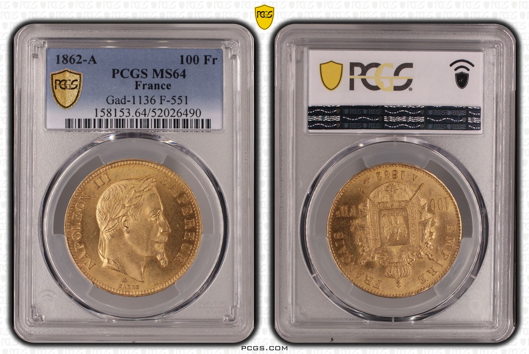 フランス1862年ナポレオン3世100フラン金貨PCGS MS64の画像