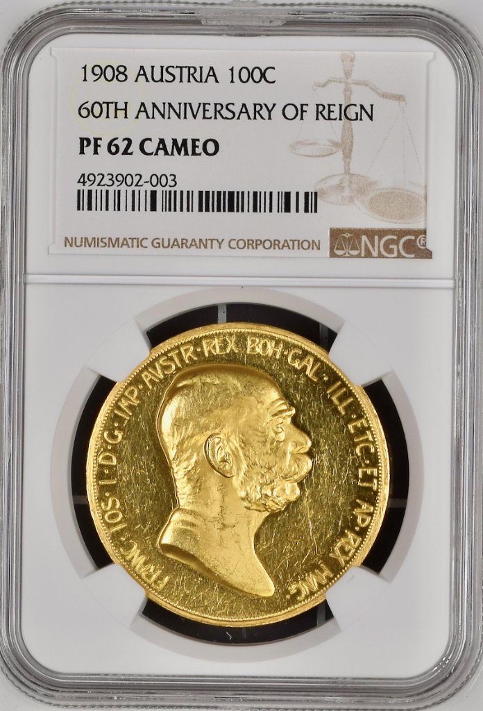 オーストリア1908年100コロナ金貨雲上の女神NGC PF 62CAMの画像