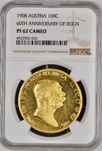 オーストリア1908年100コロナ金貨雲上の女神NGC PF 62CAMの画像