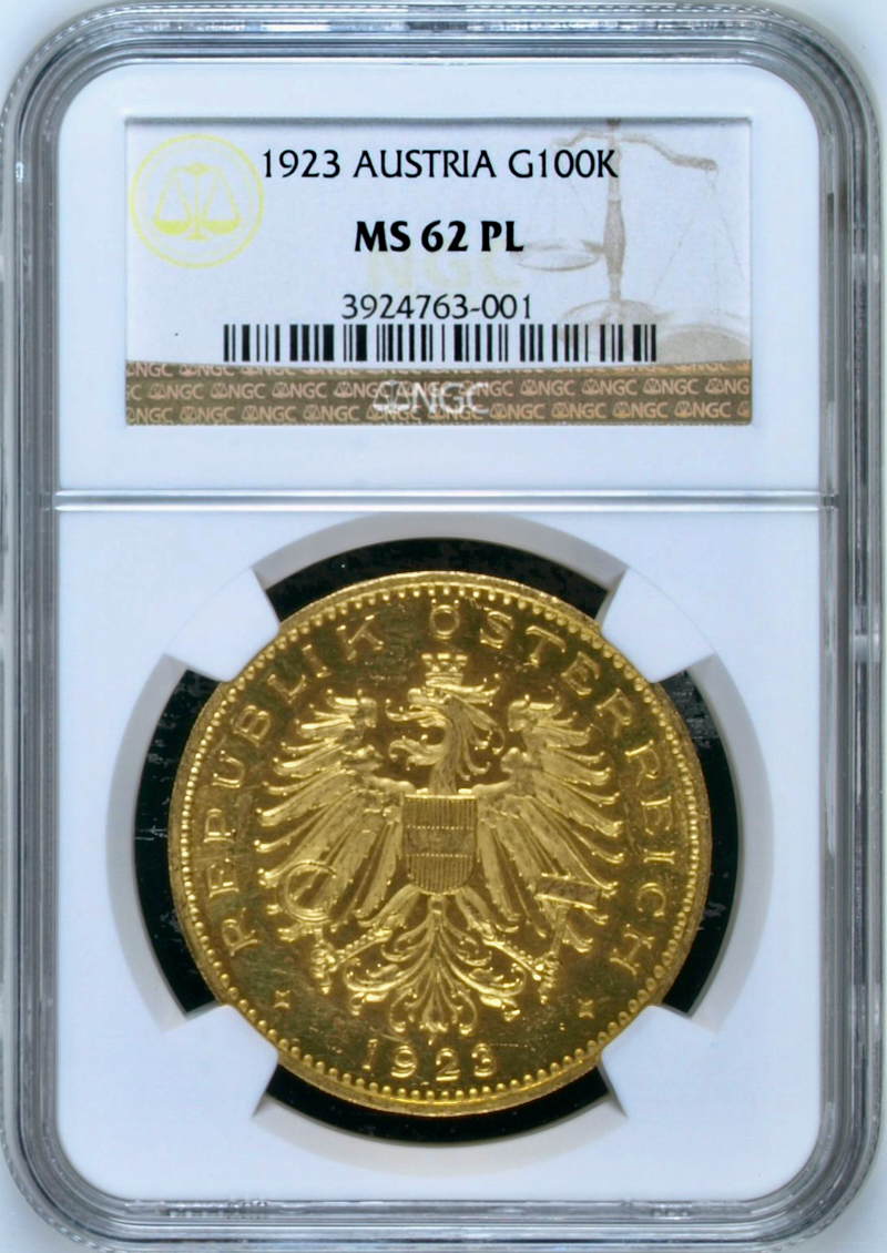 オーストリア1923年 100クロー年金貨 NGC MS62PLの画像