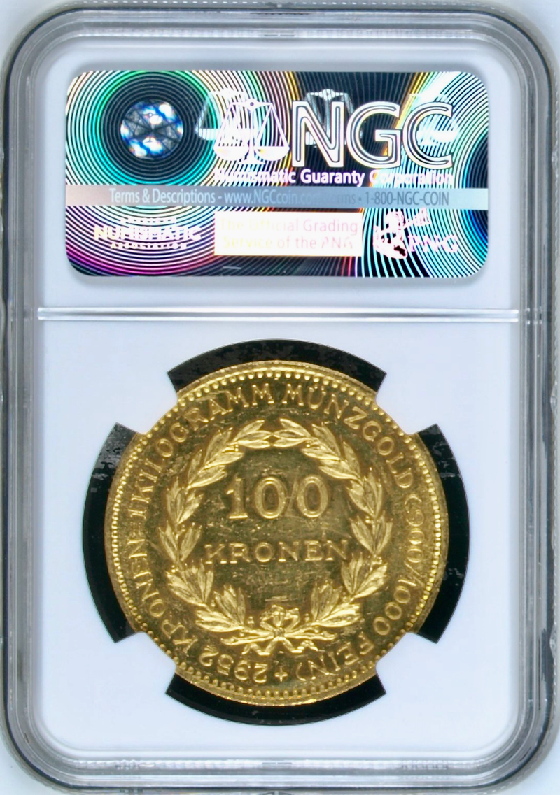 オーストリア1923年 100クロー年金貨 NGC MS62PLの画像