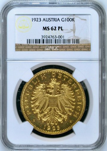 オーストリア1923年 100クロー年金貨 NGC MS62PLの画像