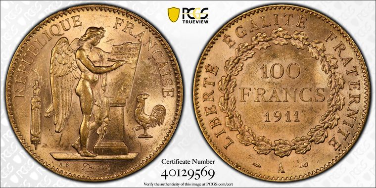 フランス1911年エンジェル 100フラン金貨 PCGS MS62の画像