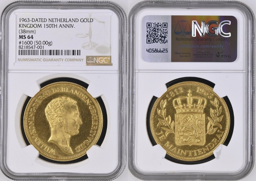 オランダ1963年王政150年記念大型金メダル NGC MS64の画像
