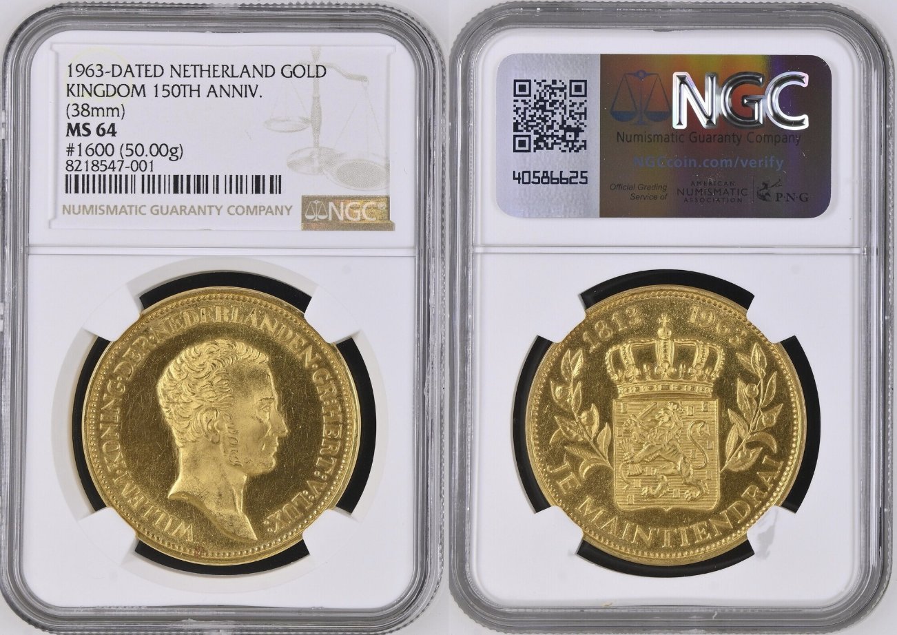 オランダ1963年王政150年記念大型金メダル NGC MS64の画像