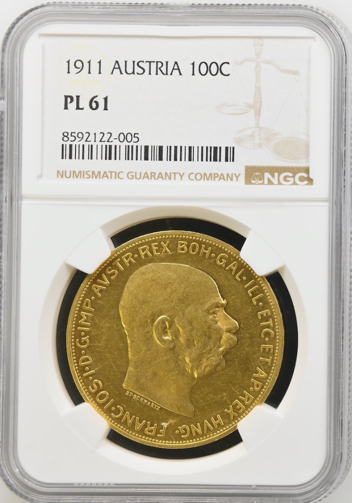 オーストリア1911年100コロナ金貨NGC PL61 最高鑑定の画像