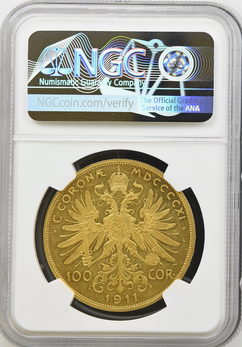 オーストリア1911年100コロナ金貨NGC PL61 最高鑑定の画像