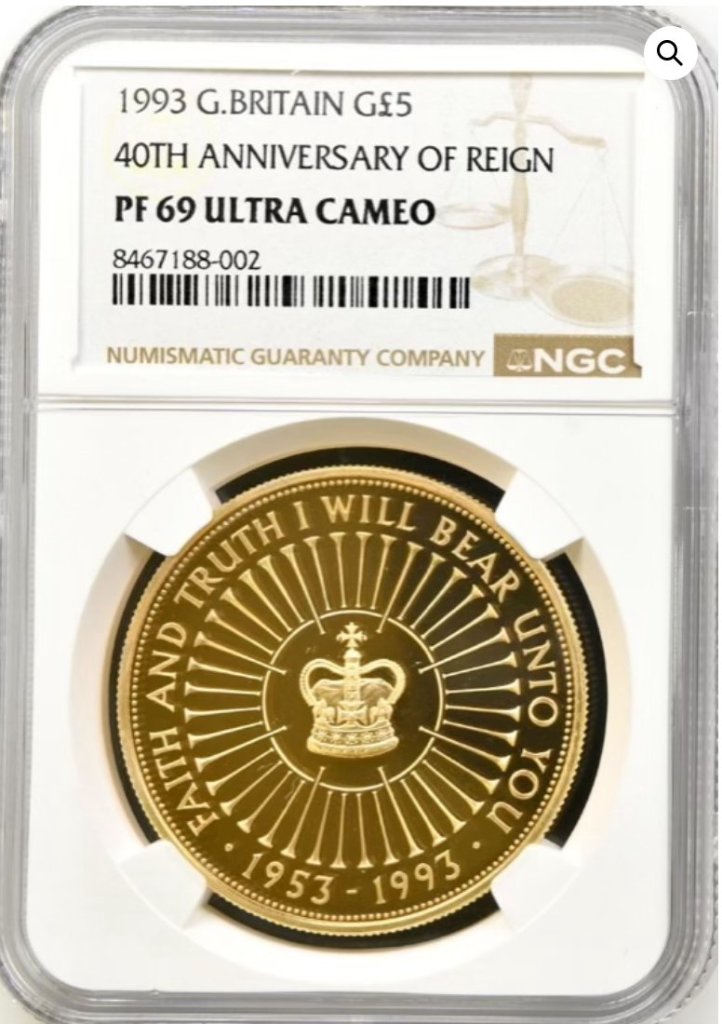 イギリス1993年エリザベス戴冠40年5ポンド金貨NGC PF 69UCAMの画像