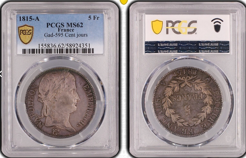 フランス1815年ナポレオン5フラン銀貨PCGS MS62 百日天下の画像