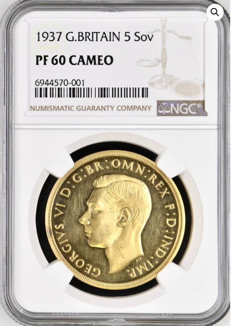 イギリス1937年ジョージ6世5ポンド金貨NGC PF60 CAMの画像