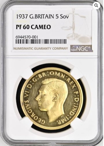 イギリス1937年ジョージ6世5ポンド金貨NGC PF60 CAMの画像
