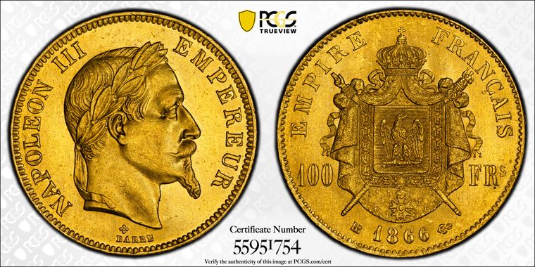 フランス1866年ナポレオン100フラン金貨 PCGS MS64の画像