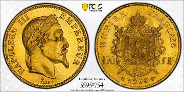 フランス1866年ナポレオン100フラン金貨 PCGS MS64の画像