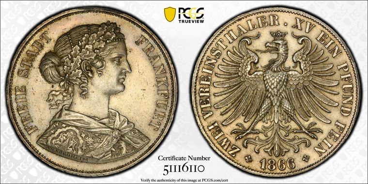ドイツ フランクフルト1866年2ターラー銀貨フランコニア PCGS MS63の画像