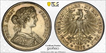 ドイツ フランクフルト1866年2ターラー銀貨フランコニア PCGS MS63の画像
