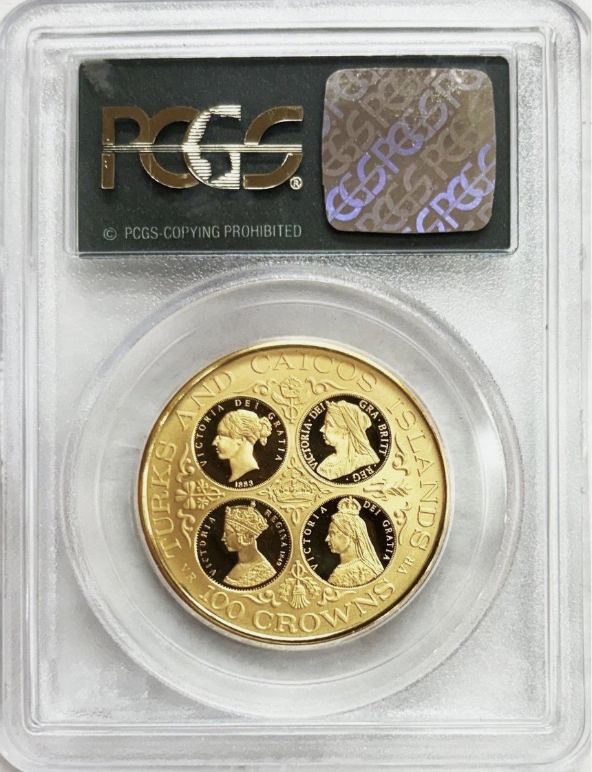 イギリス領タークス＄カイコス100クラウン金貨 PCGS PR69の画像