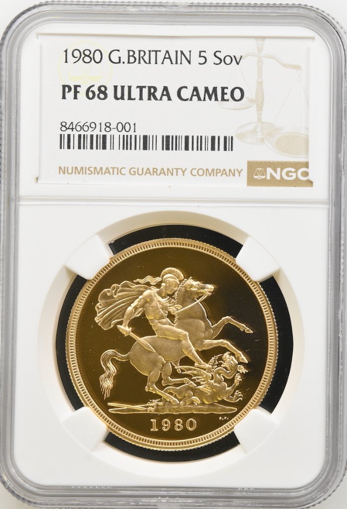 イギリス1980年エリザベス5ポンド金貨NGC PF68 UCAMの画像