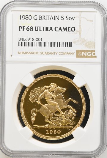 イギリス1980年エリザベス5ポンド金貨NGC PF68 UCAMの画像