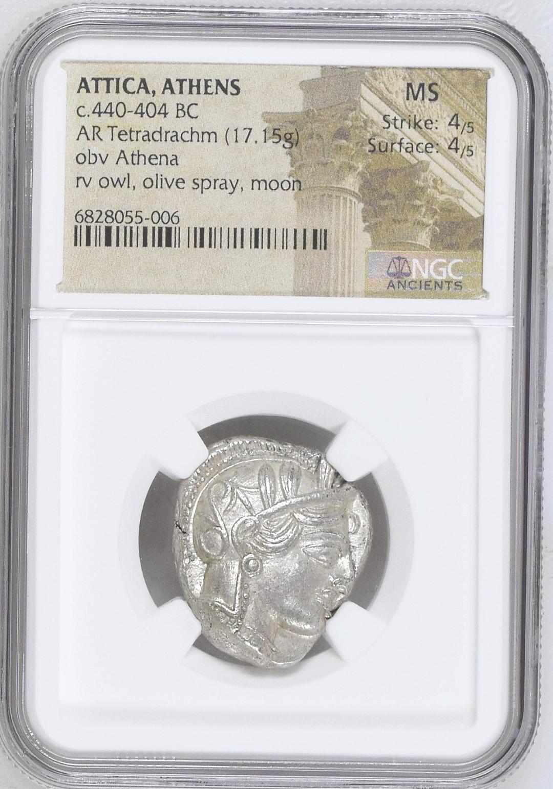 古代ギリシャアッティカBC440-404テトラドラクマ銀貨MS 4/5 4/5の画像