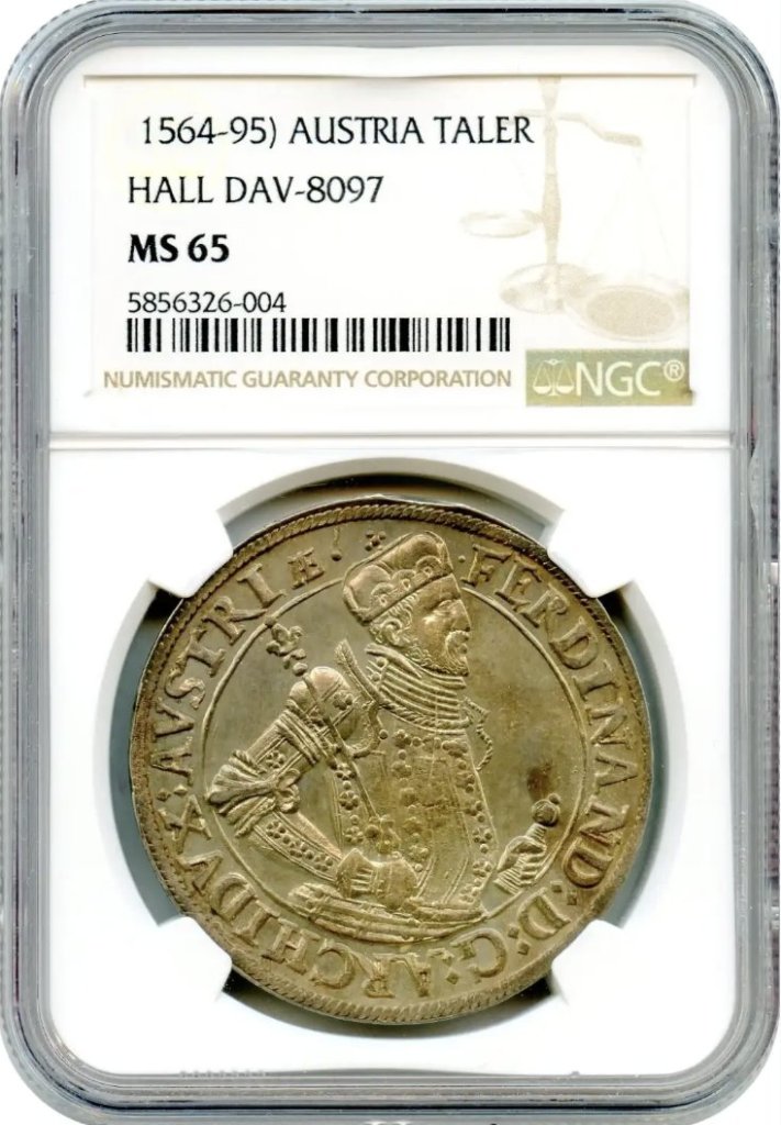 オーストリア1564-1595年フェルディナント2世 ターラー銀貨 NGC MS65最高鑑定の画像