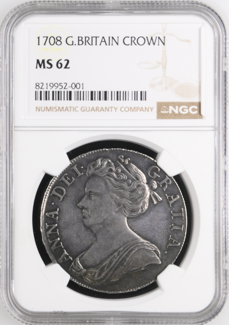 イギリス1708年アン女王 クラウン銀貨NGC MS62 最高鑑定の画像