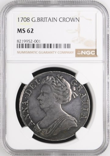 イギリス1708年アン女王 クラウン銀貨NGC MS62 最高鑑定の画像