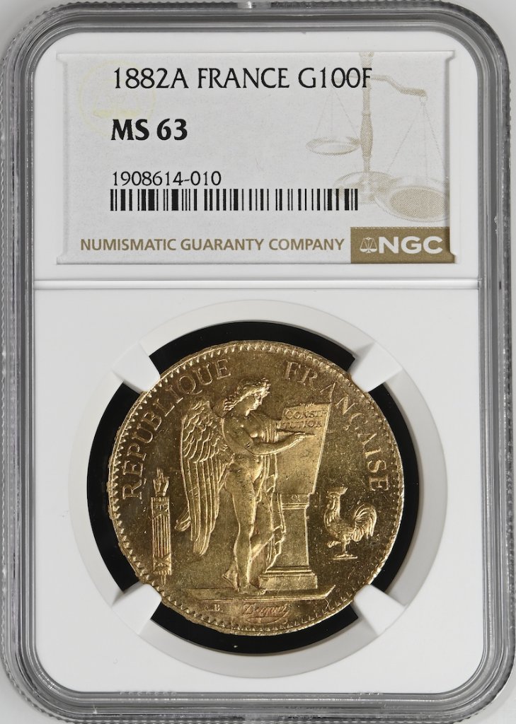 フランス1882年エンジェル100フラン金貨 NGC MS63の画像