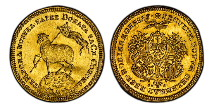 ドイツニュルンベルク1700年ラム 2ダカット金貨 PCGS MS62の画像