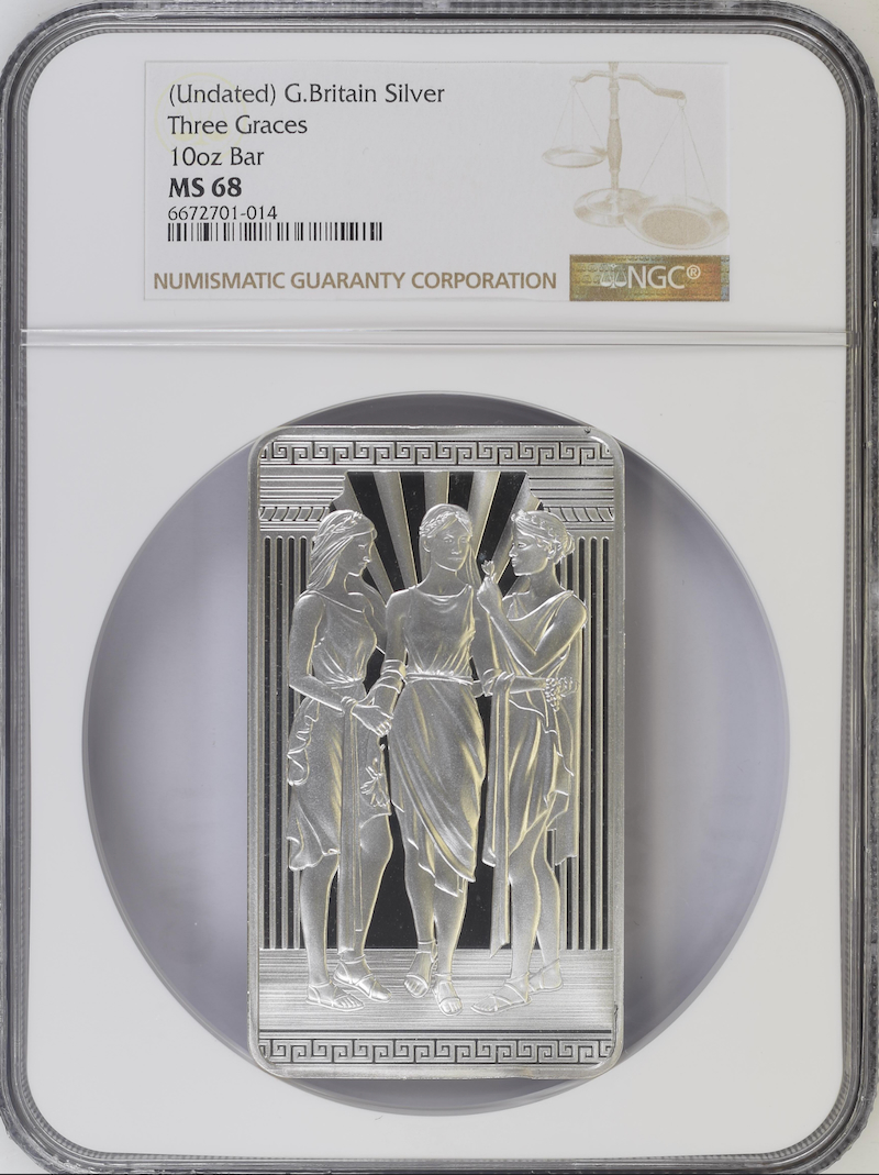 イギリス スリーグレイセス10オンスシルバーバー NGC MS68の画像