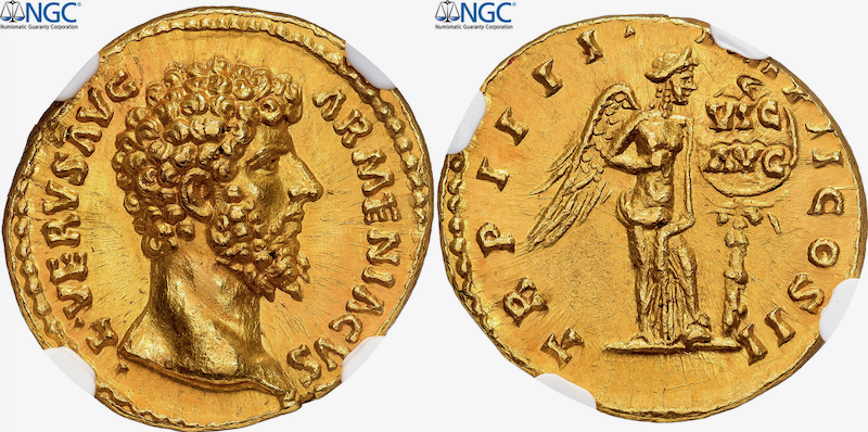 古代ローマ西暦163-164年 ルキウス・ウェルス アウレウス金貨NGC MS 5/5 3/5の画像
