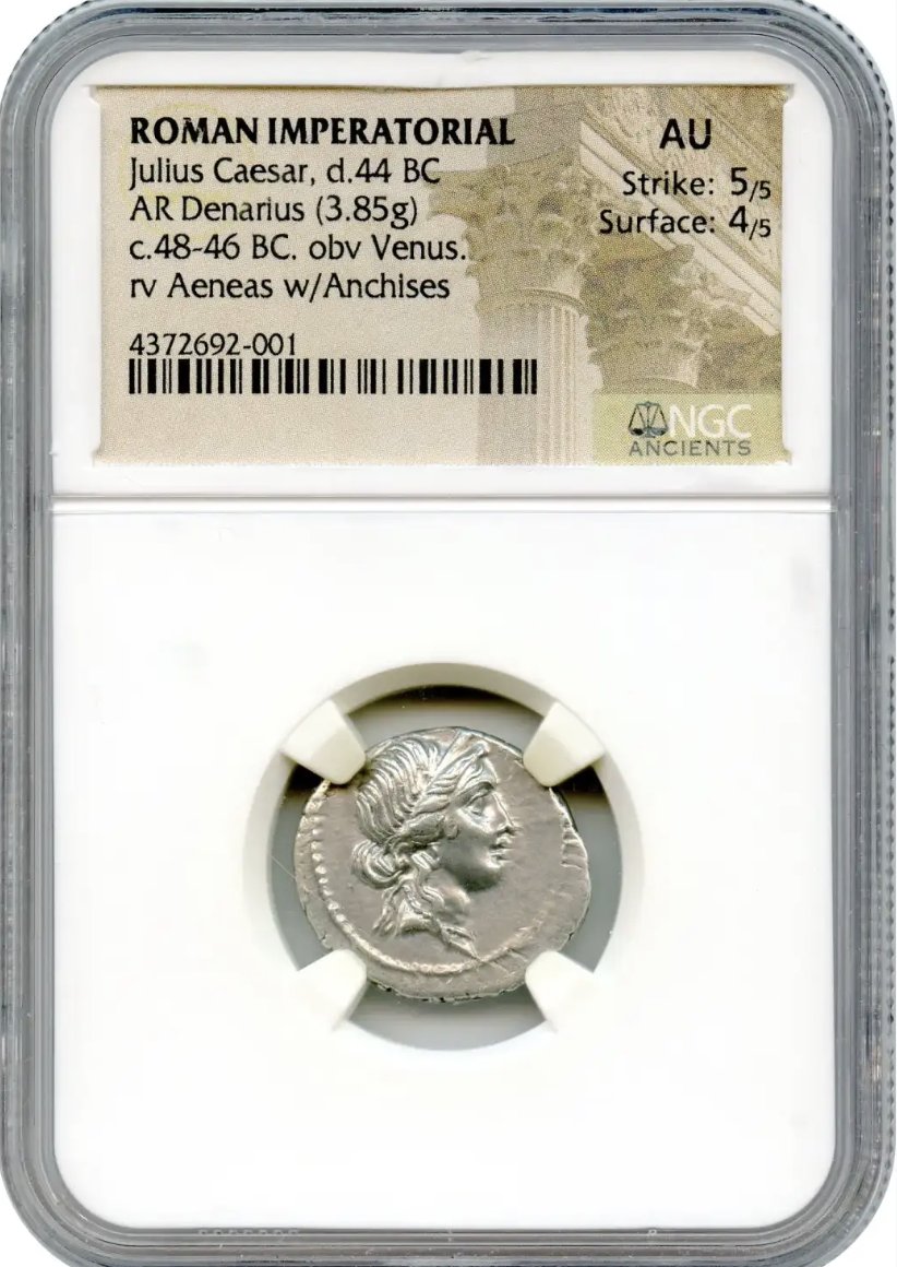 古代ローマ紀元前44年 ジュリアスシーザー デナリウス銀貨NGC AU 5/5 4/5の画像