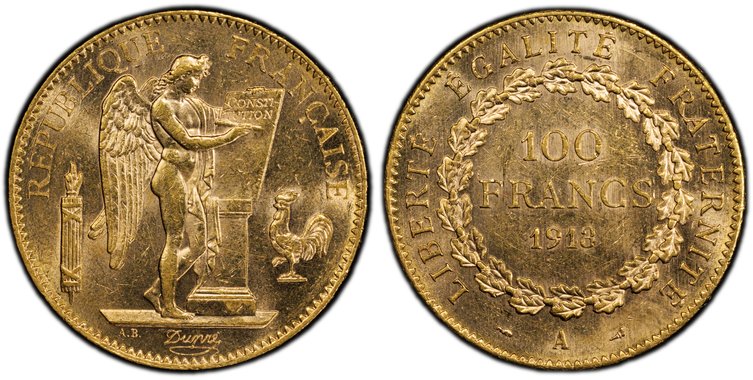 フランス1913年エンジェル100フラン金貨PCGS MS62の画像