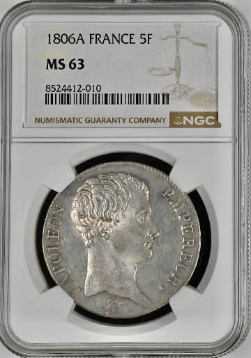 フランス1806年ナポレオン1世5フラン銀貨 NGC MS63の画像