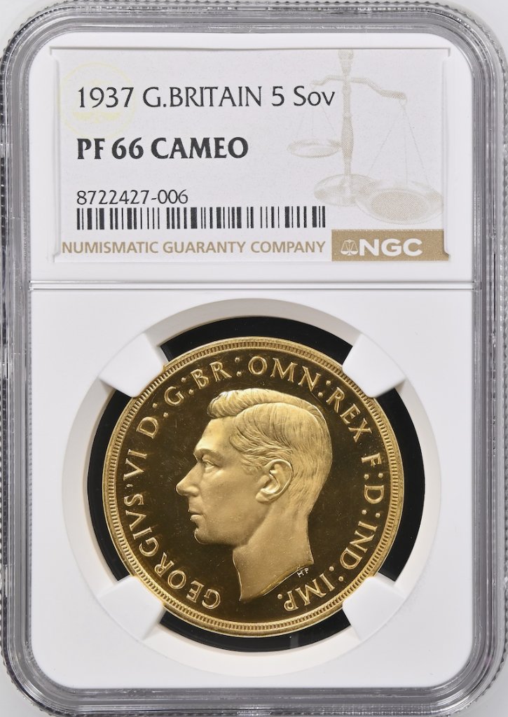 イギリス1937年ジョージ6世5ポンド金貨NGC PF66CAMの画像