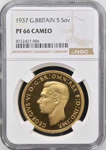 イギリス1937年ジョージ6世5ポンド金貨NGC PF66CAMの画像