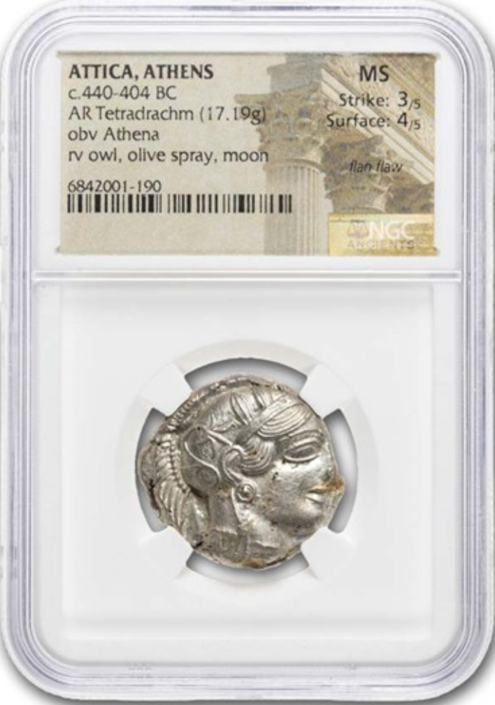 古代ギリシャ アッティカ テトラドラクマ フクロウ銀貨 MS 3/5 4/5の画像
