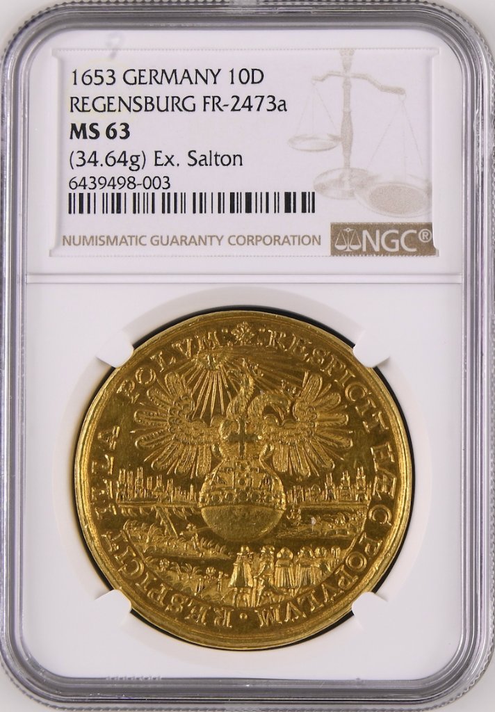 ドイツ レーゲンスブルク1653年10ダカット都市景観金メダル NGC MS 63の画像