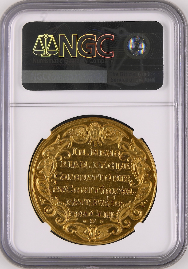 ドイツ レーゲンスブルク1653年10ダカット都市景観金メダル NGC MS 63の画像