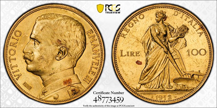 イタリア1912年100リレ金貨豊穣の女神 PCGS MS63の画像