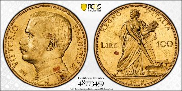 イタリア1912年100リレ金貨豊穣の女神 PCGS MS63の画像
