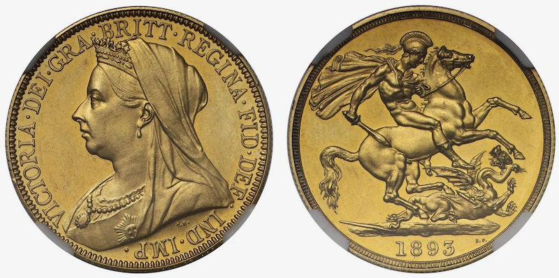 イギリス1893年ヴィクトリアヴェールド2ポンド金貨PF62の画像