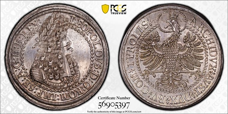 オーストリア1686-1696年レオポルト1世2ターラー銀貨PCGS MS63の画像