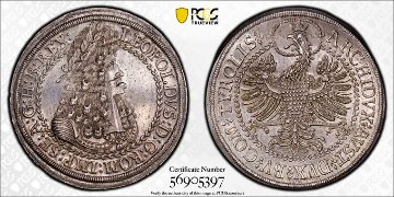 オーストリア1686-1696年レオポルト1世2ターラー銀貨PCGS MS63の画像
