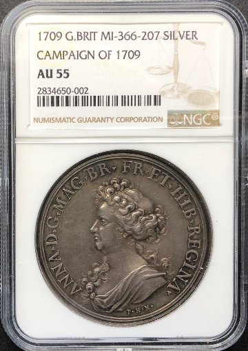 イギリス1709年アン女王キャンペーン銀メダルNGC AU55画像