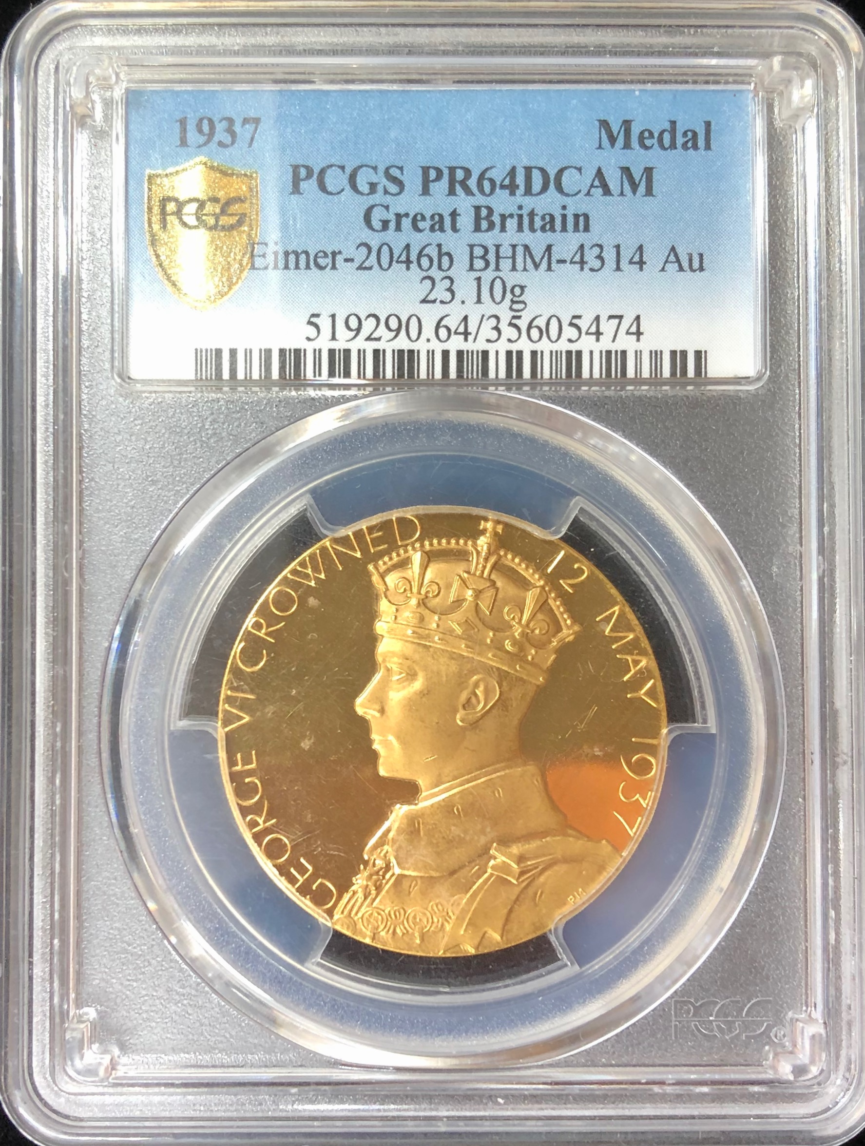 イギリス1937年ジョージ6世戴冠ゴールドメダルPCGS PR64DCAM画像