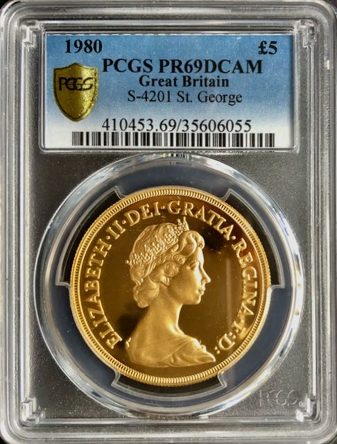 イギリス1980年ヤングエリザベス5ポンド金貨PCGS PR69DCAM画像